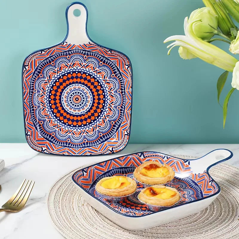 new design ceramic Bohemian Baking plate with handle Square plates set Porcelain Ceramic dishes & plates