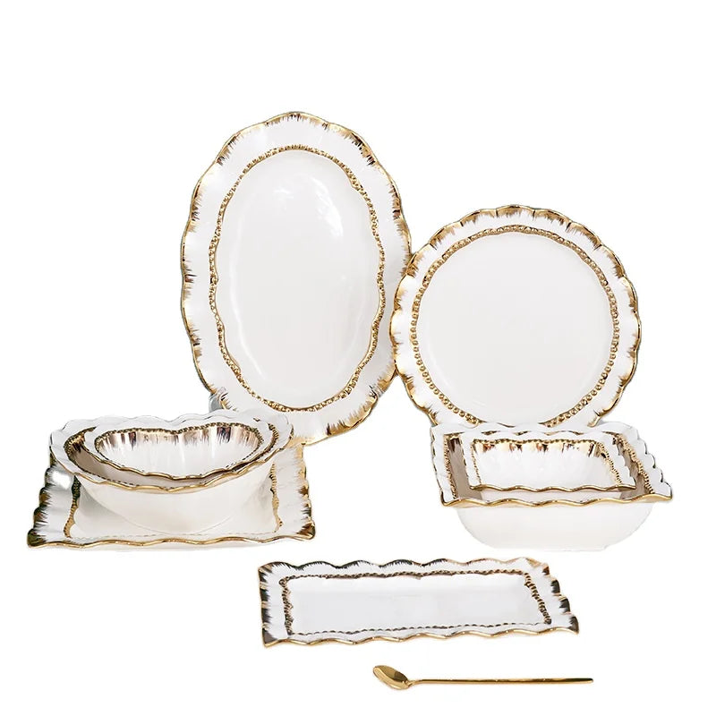 white and gold beaded dinner set dinnerware ceramic dishes supplier white tableware  plates bulk