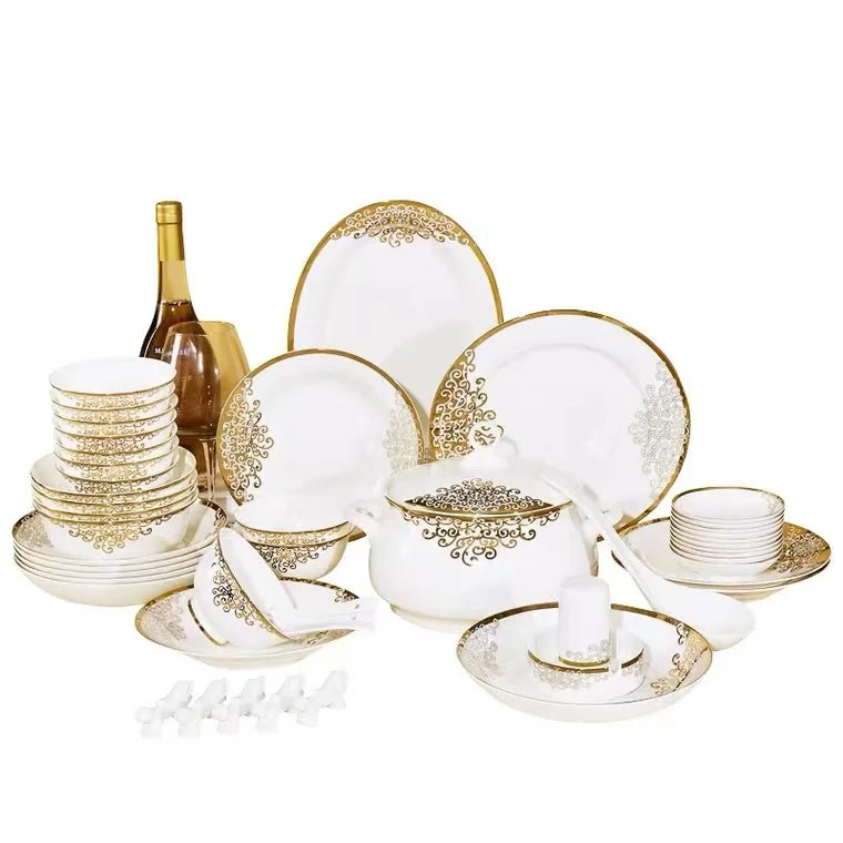 56pcs dinner set with cut decal Wedding dinner plates golden pattern luxury ceramic dinnerware