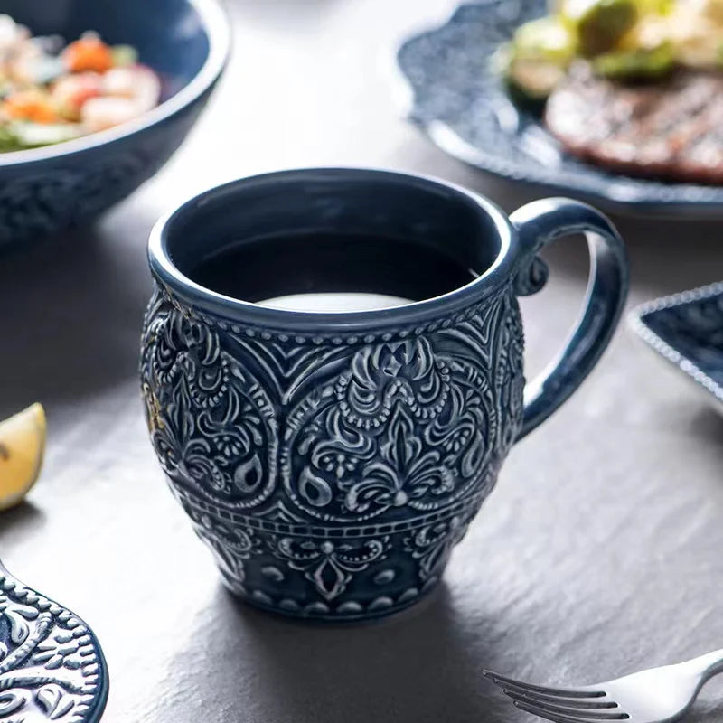 Factory direct blue relief luxury dishes & plates ceramic dinner ware ceramic bowl mugs cups dinner set dinnerware set