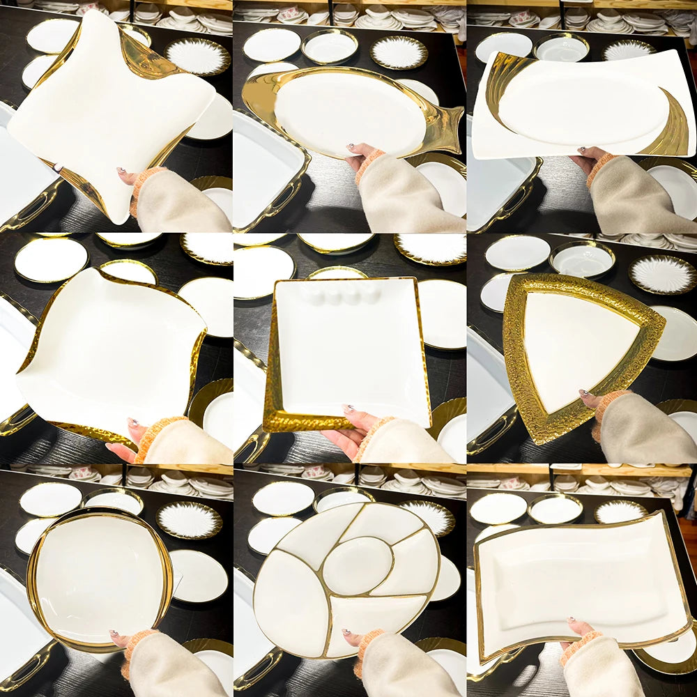 Custom shape white and gold dinner wear set dinnerware ceramic dishes supplier white tableware  plates bulk