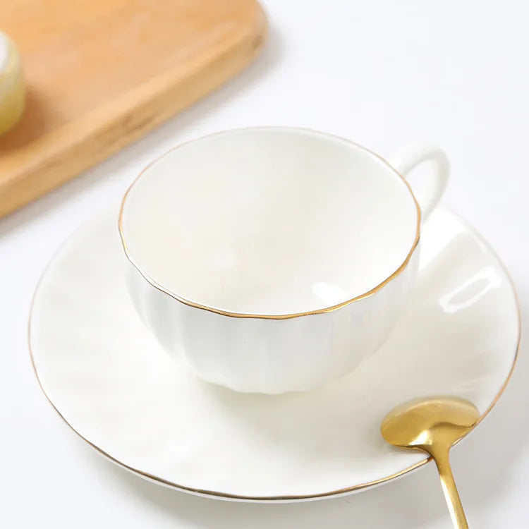 White Set of 6 (7 oz) with Gold Trim and Gift Box Cappuccino Coffee Cups British Porcelain Opal Glass Tea Cup Set