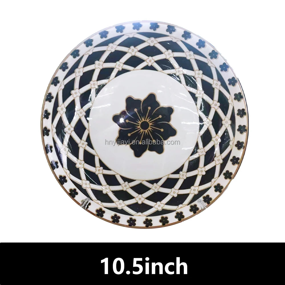 JIUWANG vintage ceramic porcelain  flower flatware 12inch 10inch 8inch blue fine bone china dinner plates for 12 people