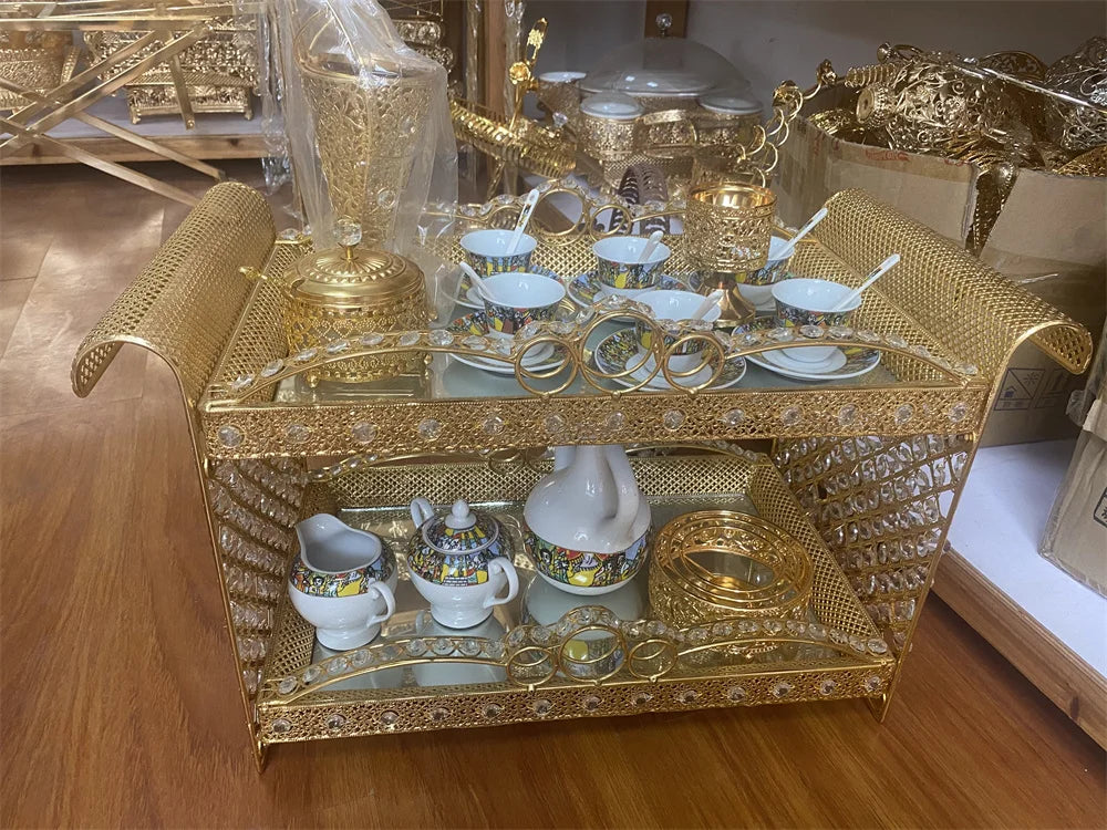 2022 new arrival habesha ethiopian golden metal rekebot table coffee tray set with porcelain tea cups and saucers