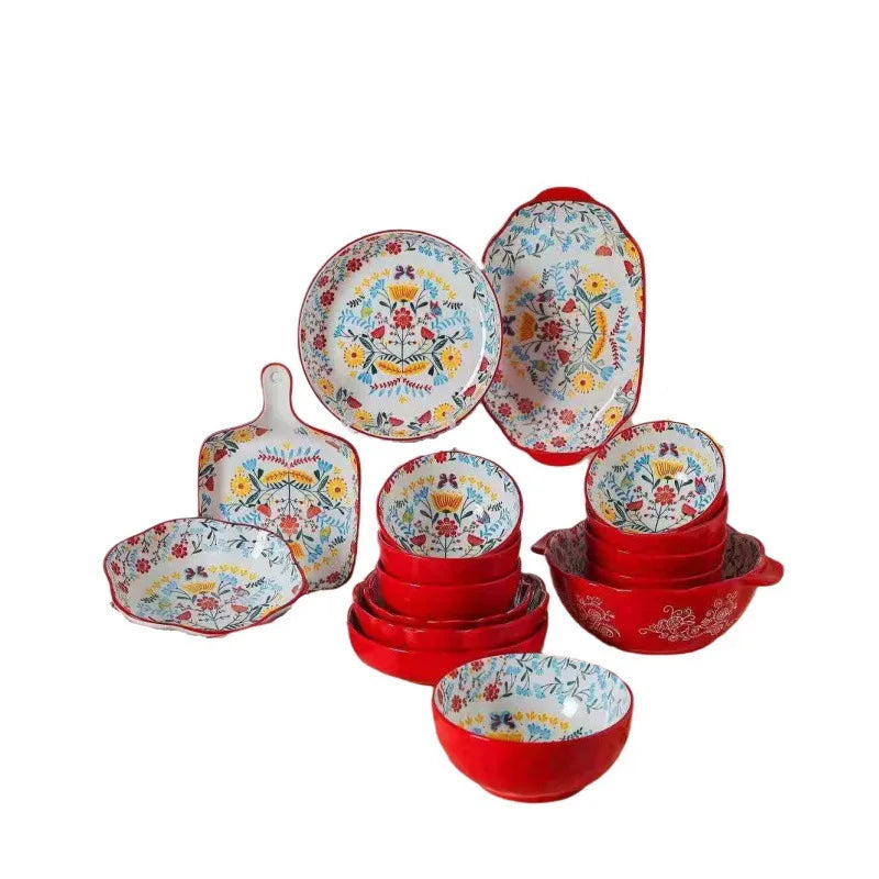 16 pieces set Factory wholesale Bohemian Morocco Hawaiian style ceramic plate household round dumpling plate