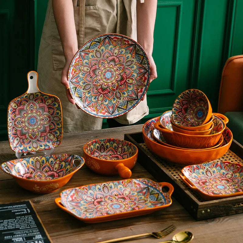 Flower pattern orange Ceramic bowl Porcelain Cheap Dinnerware Set Bohemian Ceramic Plate