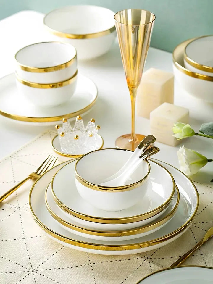 JIUWANG wholesale Luxury Dinnerware Dishes stoneware white china plates with gold trim FOR wedding