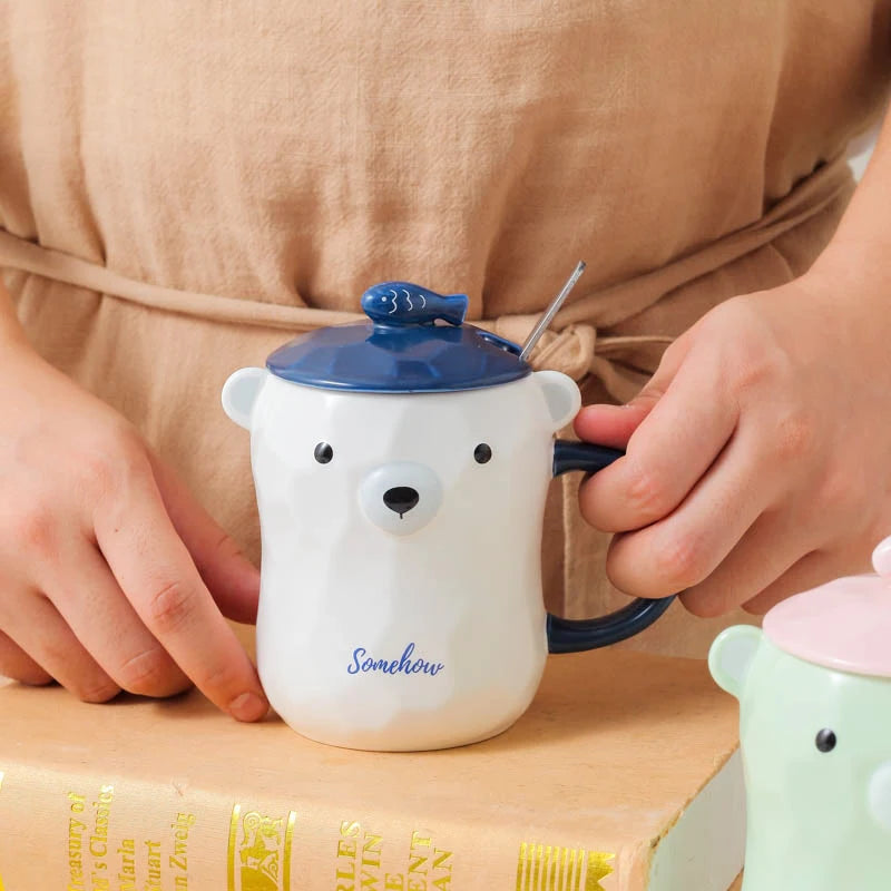 Cute Bear 3D Ceramic Mugs Creative Milk Coffee Tea Cup Unique Porcelain Mugs with Lid and Spoon