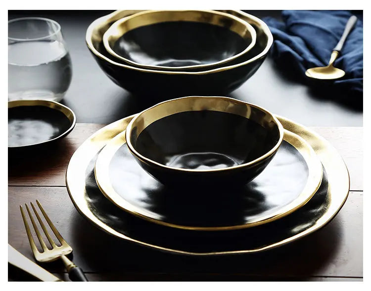 Luxury dinnerware high grade black porcelain charger plate with gold rim