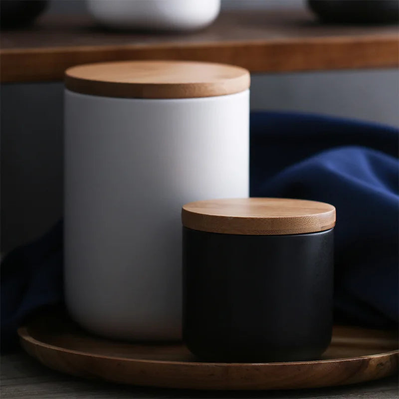 Nordic Wholesale Modern Design Matte White Black Coffee Tea Sugar Ceramic Storage Jar Kitchen Canister Sets With Wood Lid