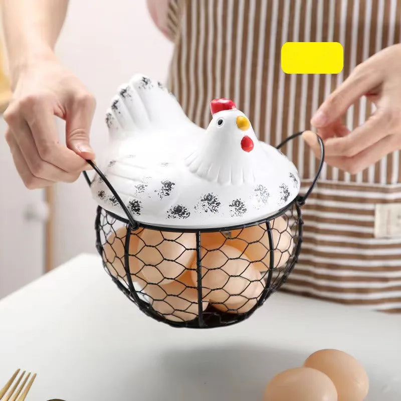 Egg Fruit Metal Storage Basket Ceramic with Lid Large Capacity Mesh Bread Basket Hen Ornament Organizer Kitchen Gift Basket