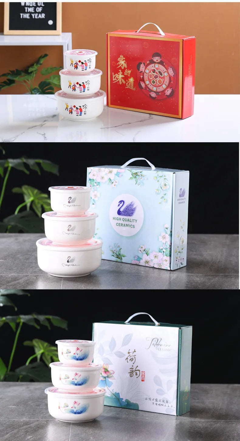 Wholesale custom printing fresh keeping ceramic bowl with sealing cover