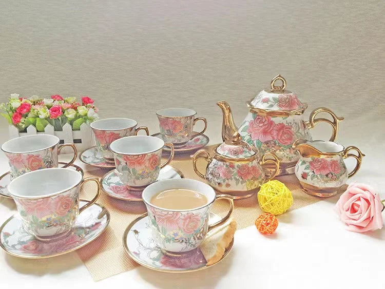 Turkish royal coffee tea set with 6 cups and saucers gold printed ceramic luxury teapot set