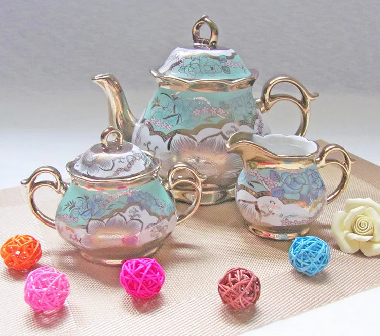 15pcs/set Delicate Bone china Coffee Cup Set European Vintage Tea Cup Tea Kettle Saucer Set