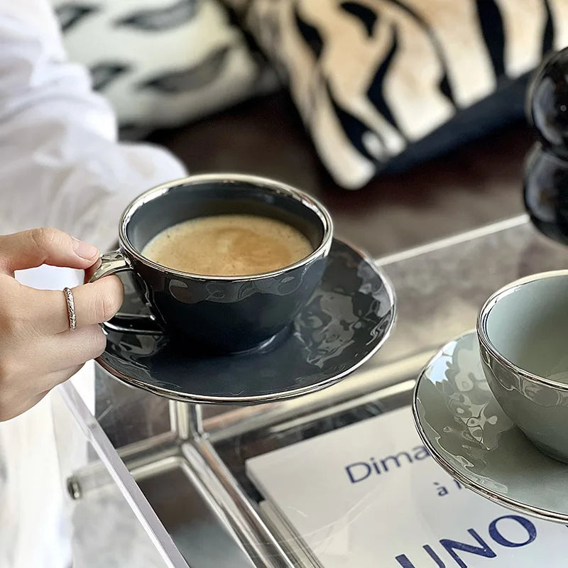 custom silver rim cappuccino espresso cups porcelain ceramic teacup and saucer sets coffee tea cup with saucer