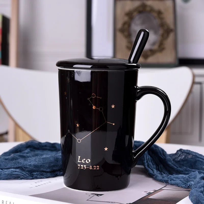 Constellations Ceramic Coffee Milk Mug with Spoon Lid Black and Porcelain Zodiac Ceramic Cup