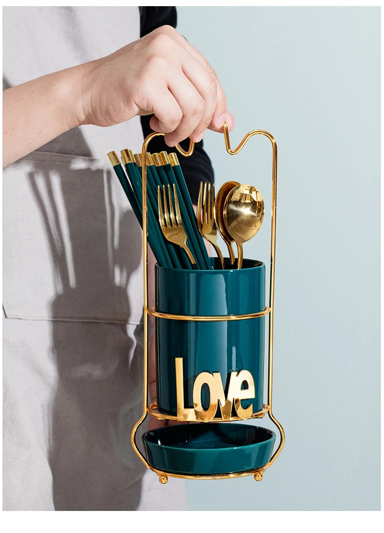 Home Goods Creative Love Design Cylinder Cutlery Chopstick Storage Holder Kitchen Ceramic Utensils Holder With Drain Basket