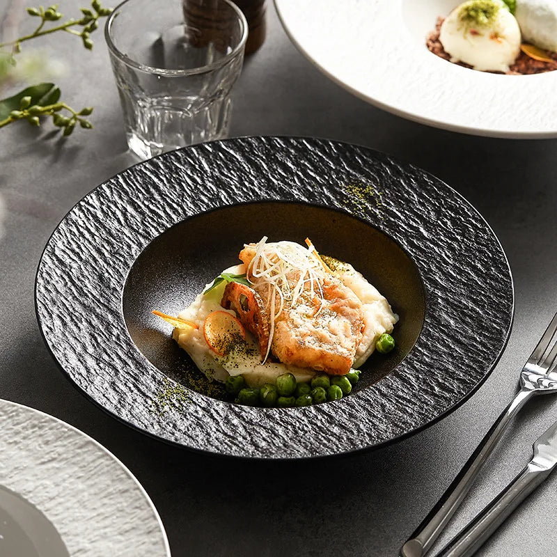 customisable  Hotel Restaurant Used Black Buffet Plates Tableware Dinnerware Porcelain Glaze Catering Dinner Set