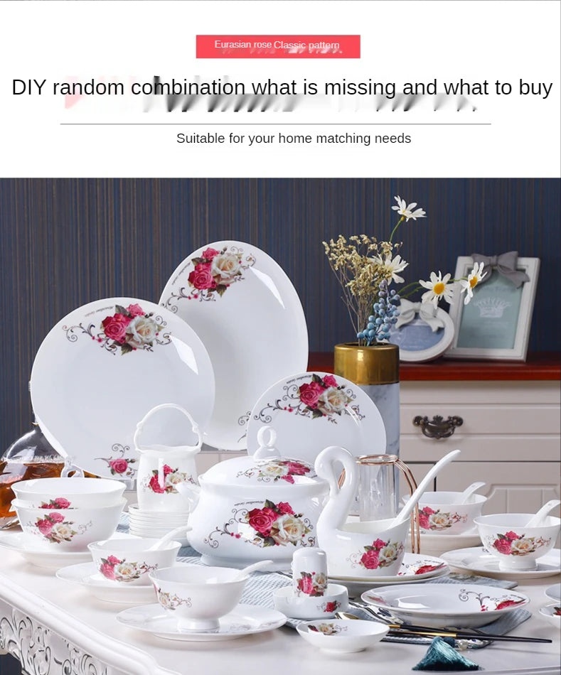 Manufacturer Wholesale Porcelain 56PCS New Design Fine Bone China Dinnerware Set for 6 People With Flower Decal luxury plates