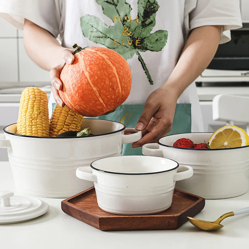 Porcelain Casserole Dish with lid round serving dish with handles for handle for dinner