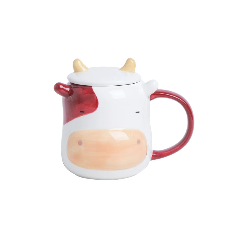 Funny Novelty Gifts 3D Ceramic Cartoon Portable Mug With Lid spoon  bull Shaped milk  tea cup