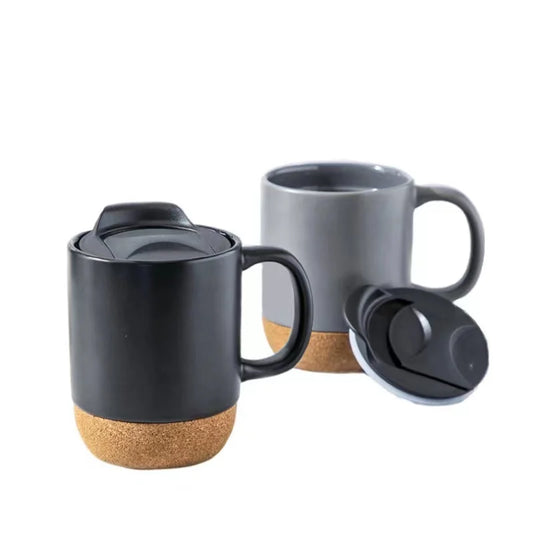 Custom nordic matte black cork base coffee mug cup ceramic with wooden insulated cork bottom Lid