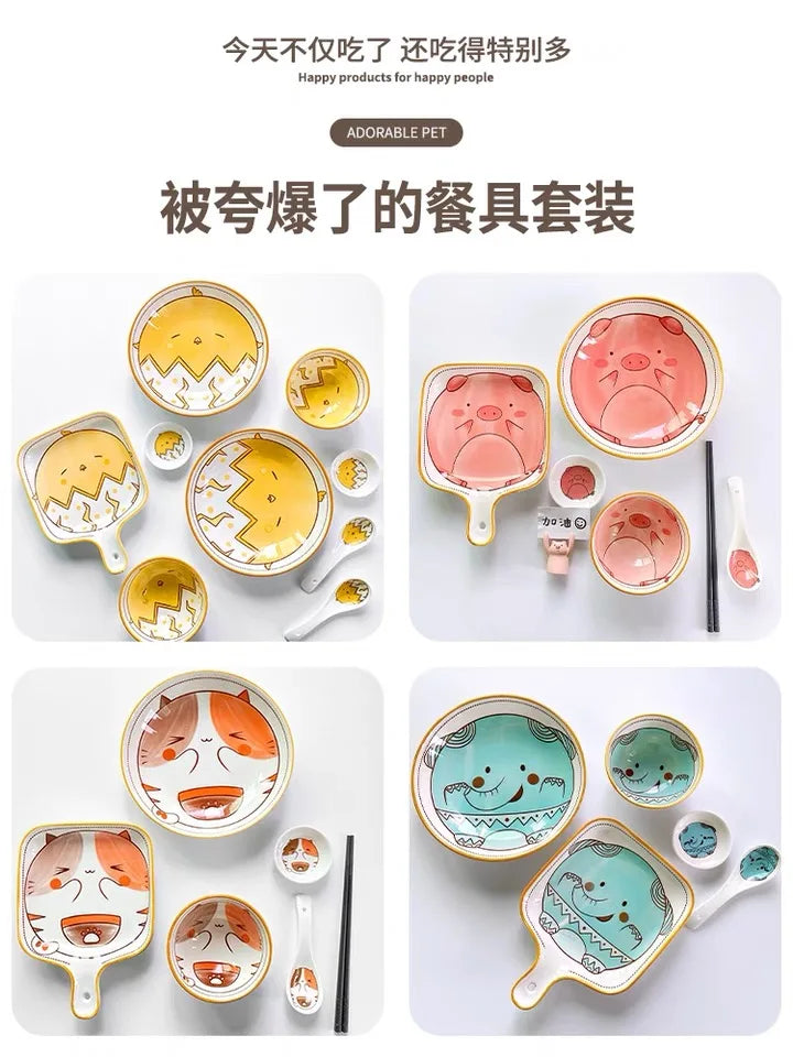 Children Ceramic Tableware Dishes Cute Animal Household Handle Dish Grill Dish Rice Bowl Dinner Bowl Set