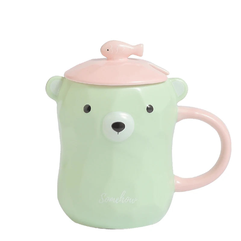 Cute Bear 3D Ceramic Mugs Creative Milk Coffee Tea Cup Unique Porcelain Mugs with Lid and Spoon