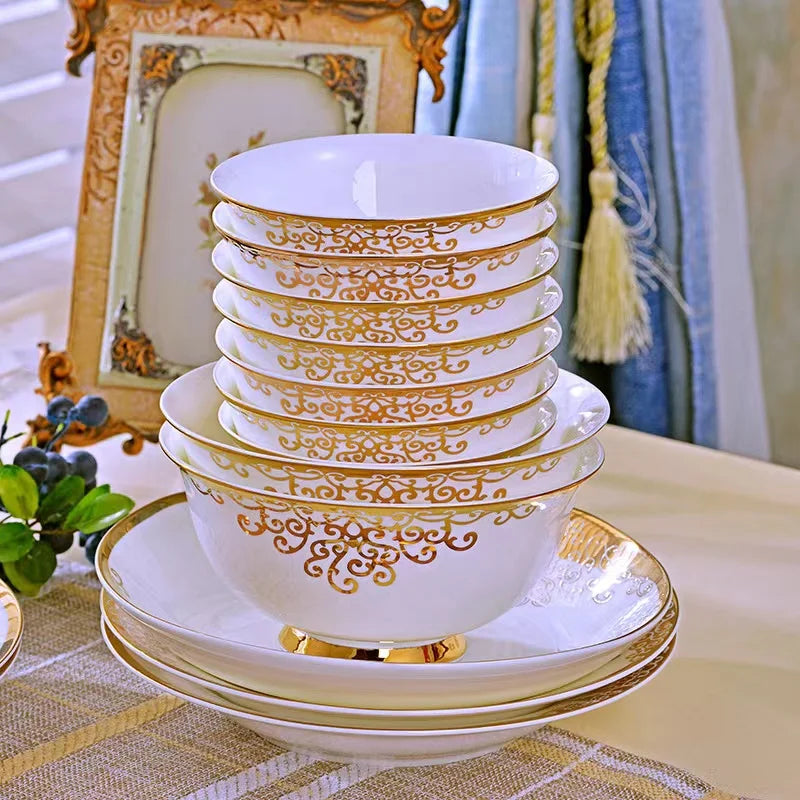 56pcs dinner set with cut decal Wedding dinner plates golden pattern luxury ceramic dinnerware