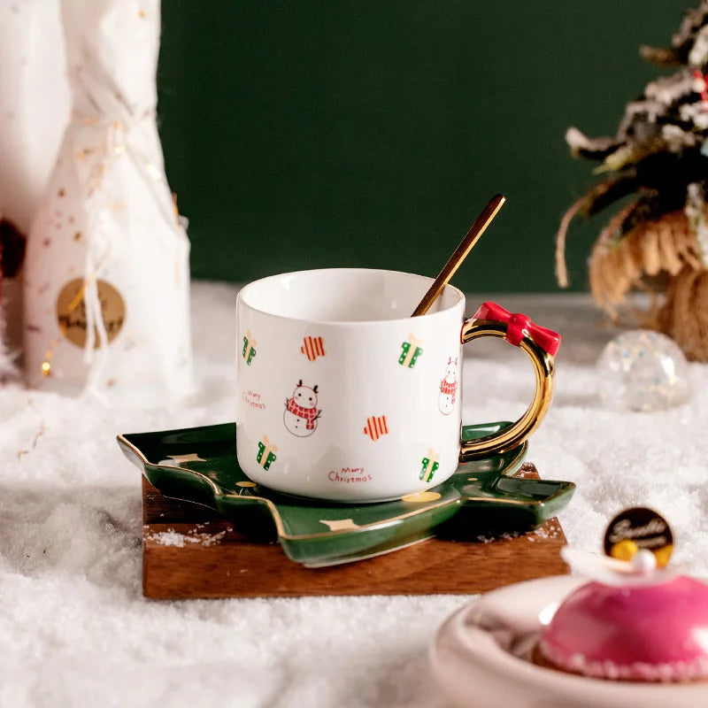 Premium Decorations Christmas Tree Mug Spoon Cute Glaze Custom Logo Ceramic Coffee Cup Plate Set for Gift