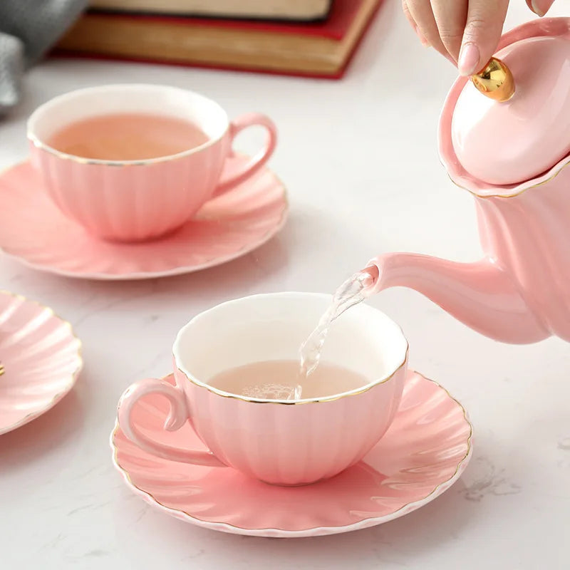 27 PCS Ceramic Cups And Saucer Modern Royal Rose  Gold Line Floral China Pink Pot Tea Sets with Teapot Porcelain