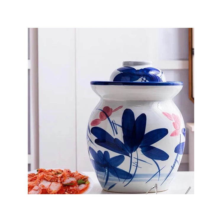 Hot sale ceramic kimchi jar fermentation crock jar for kitchenware hand printing ceramic 1.2L kimchi jar