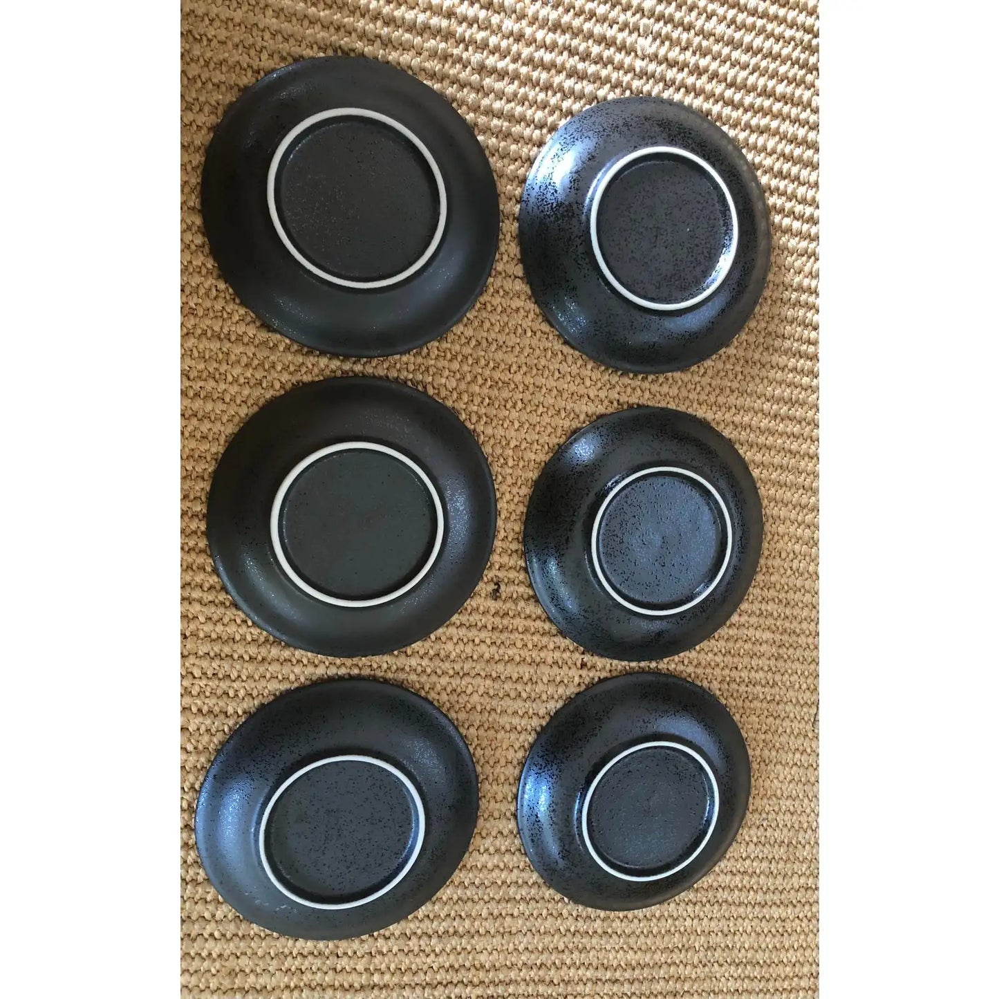 Mid Century Japanese Ceramic Porcelain Stoneware Black Plate Bowl Dish Set for Six Calligraphy Stroke Bronze Vintage Set of 18