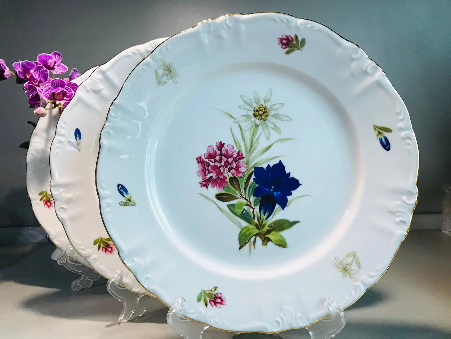 Bavari  Lavish premium Porcelain Dinnerware dinner Vintage set of 3 Winterling Germany flowers plates