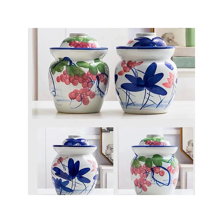 Hot sale ceramic kimchi jar fermentation crock jar for kitchenware hand printing ceramic 1.2L kimchi jar