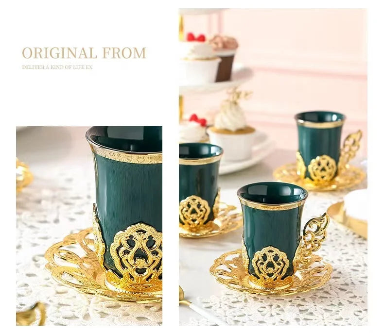 top seller white green pink glaze with gold rim metal handle ceramics Coffee & ceramics Tea Sets