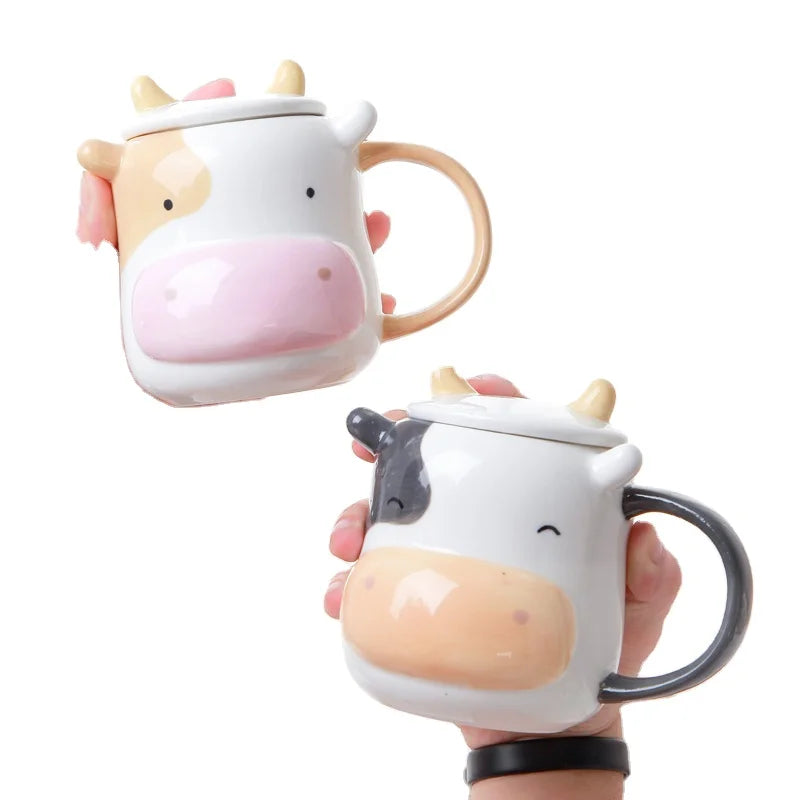 Funny Novelty Gifts 3D Ceramic Cartoon Portable Mug With Lid spoon  bull Shaped milk  tea cup