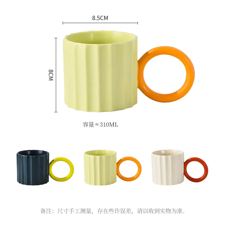 korean simple contrast color vertical grain coffee mug big ear water cup