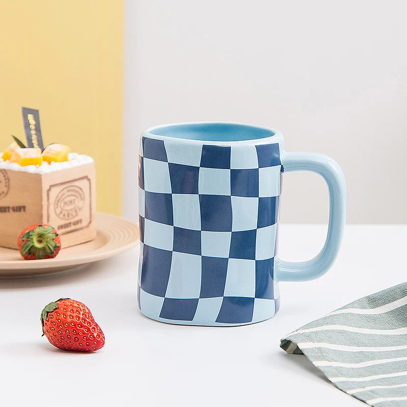 New Product Checkerboard Irregular Nordic Ceramic China Modern Coffee Customised Mugs