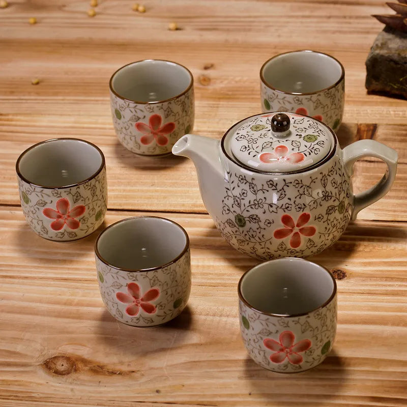 customized traditional art design Ceramic bone china Japanese tea set 6pcs of underglaze color big red flowers  for drinking