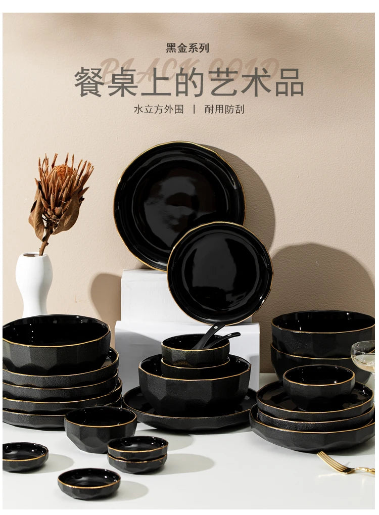 Wholesale Nordic Dark Green Black Fine Bone China Tableware Porcelain Rice Soup Bowl Ceramics Plates Dinnerware Dinner Set