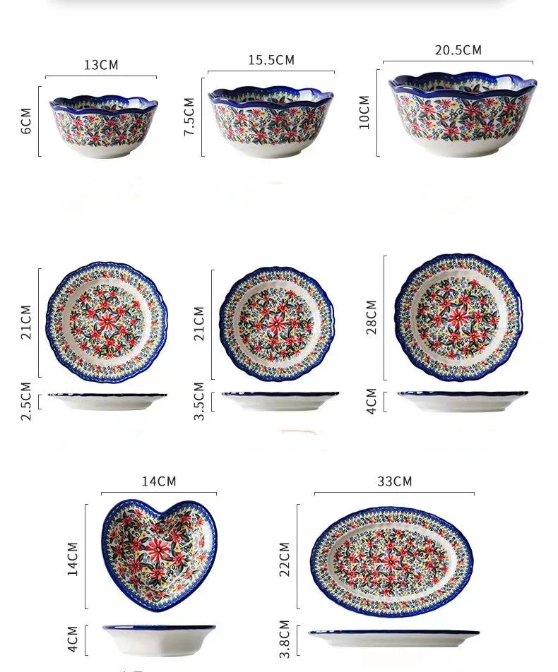 Polish Style Retro Floral Luxury Ceramic Dim Sum Salad Ceramic dishes Porcelain Bowl Plates Assiette porcelain baby dinner set