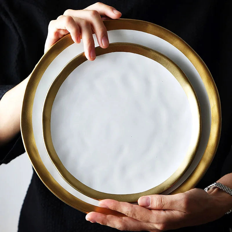 Luxury dinnerware high grade black porcelain charger plate with gold rim