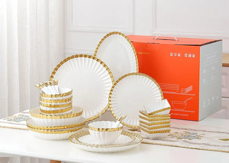 Gold and white Plate plated rim Ceramic Bowls Ceramic dinner Plates dishes dinnerware tray  in bulk stock outdoor tableware