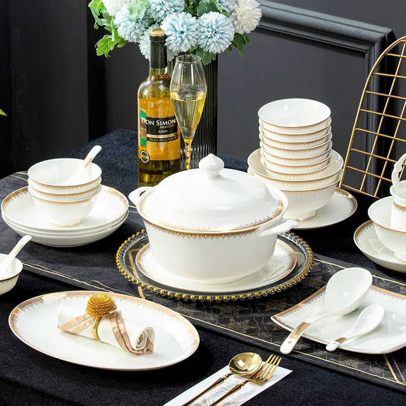 Factory 60 PCS Bone China Dinnerware Sets Wholesale Luxury Gold Ceramic Porcelain Dinnerware Hotel Crockery Set