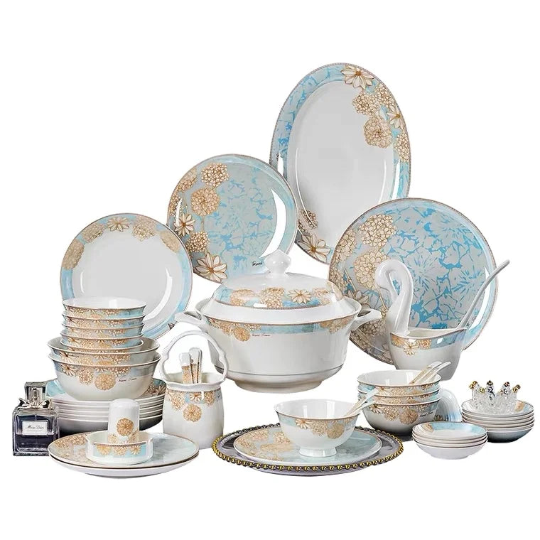 Hot selling Custom Decal Bone China Dinner Set 56PCS Porcelain Plate Dinnerware Set Porcelain Dinner Sets