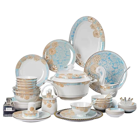 Hot selling Custom Decal Bone China Dinner Set 56PCS Porcelain Plate Dinnerware Set Porcelain Dinner Sets