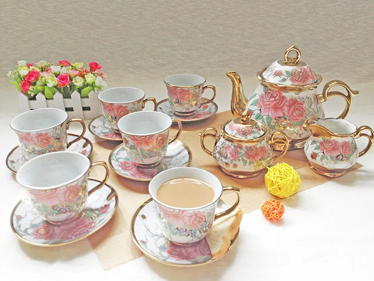 Delicate Bone china Coffee Cup Set European Vintage Tea Cup Tea Kettle Saucer SetGift box Ceramic tea set