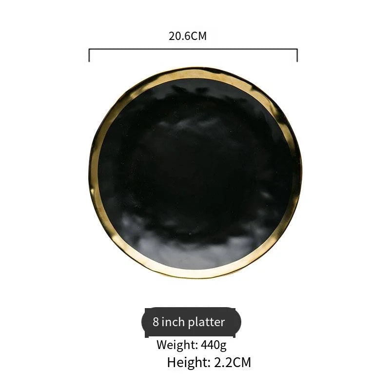 Luxury dinnerware high grade black porcelain charger plate with gold rim