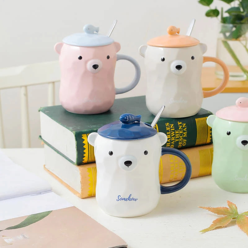 Cute Bear 3D Ceramic Mugs Creative Milk Coffee Tea Cup Unique Porcelain Mugs with Lid and Spoon